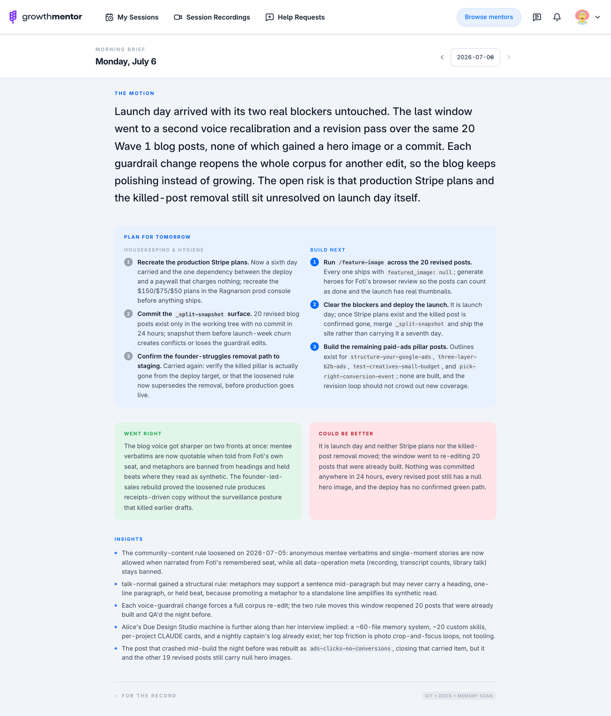 The morning brief dashboard: a headline of where things stand, a plan for tomorrow in two columns, a green went-right card and a red could-be-better card.